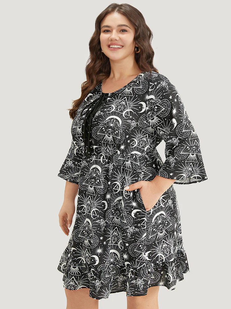 Halloween Moon & Star Lace Up Pocket Bell Sleeve Dress - Image 4