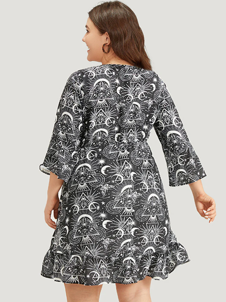 Halloween Moon & Star Lace Up Pocket Bell Sleeve Dress - Image 5