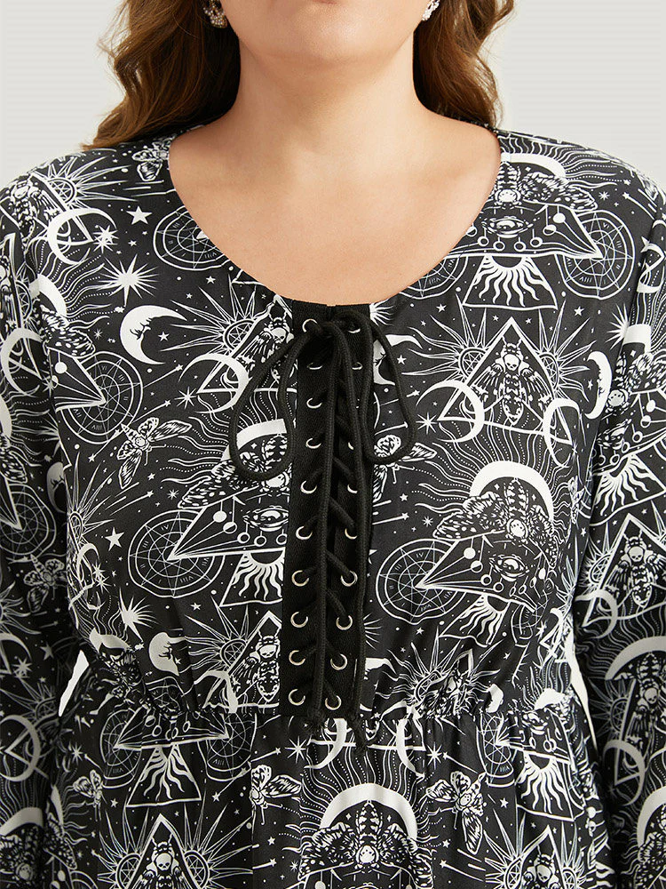 Halloween Moon & Star Lace Up Pocket Bell Sleeve Dress - Image 6