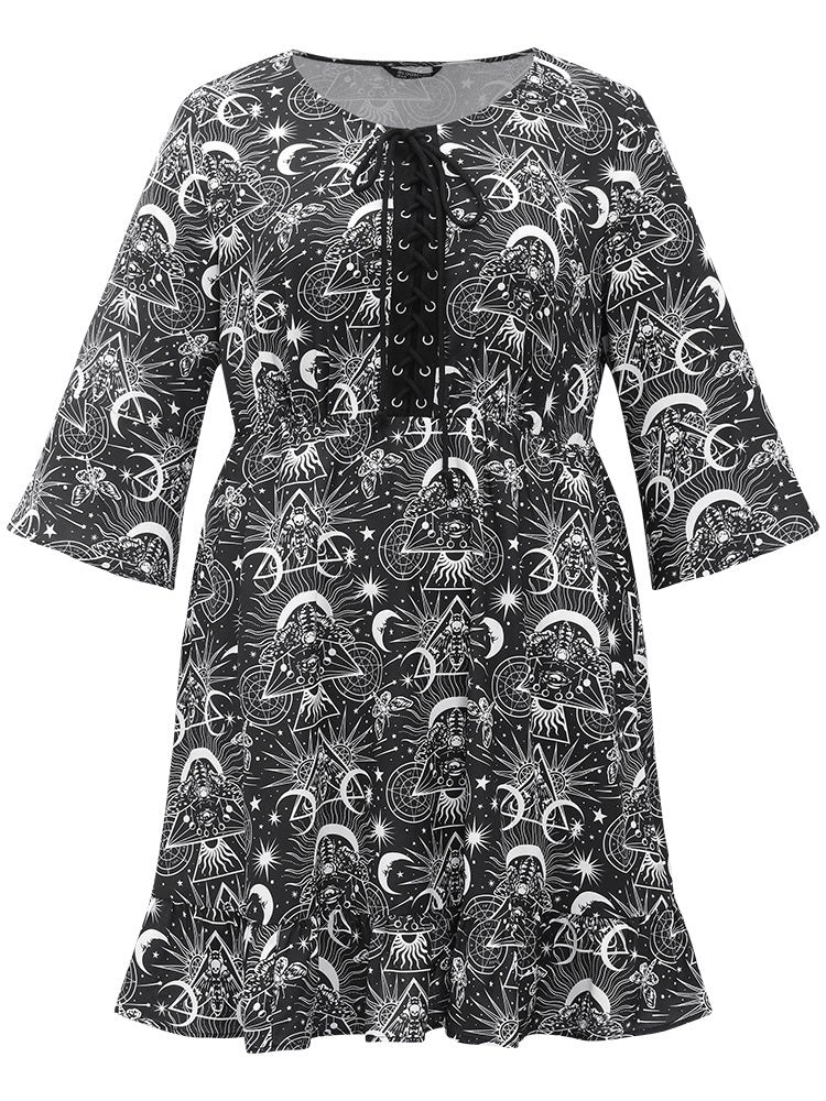Halloween Moon & Star Lace Up Pocket Bell Sleeve Dress - Image 9