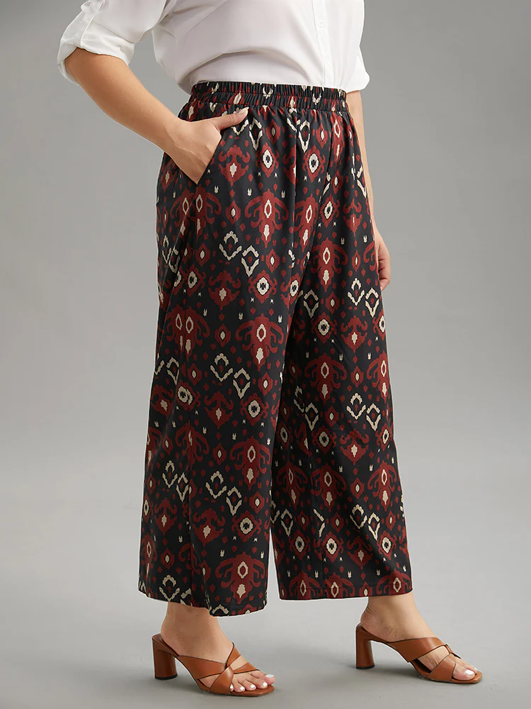 Moroccan Print Elastic Waist Wide Leg Pants - Image 3