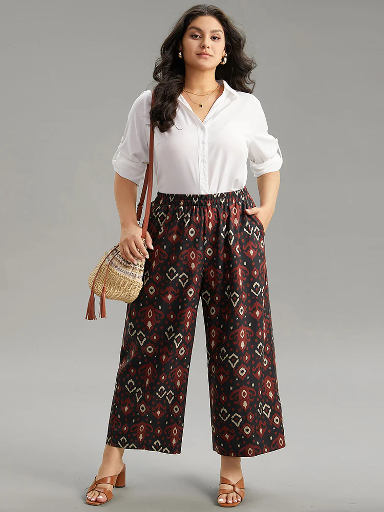 Moroccan Print Elastic Waist Wide Leg Pants - Image 4