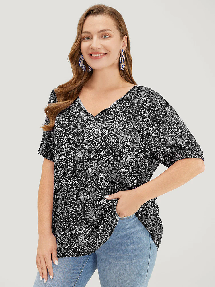 Moroccan Print Keyhole Tie Neck Blouse