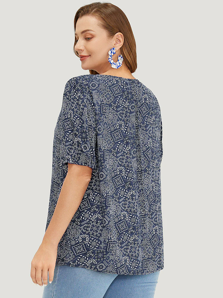 Moroccan Print Keyhole Tie Neck Blouse - Image 10