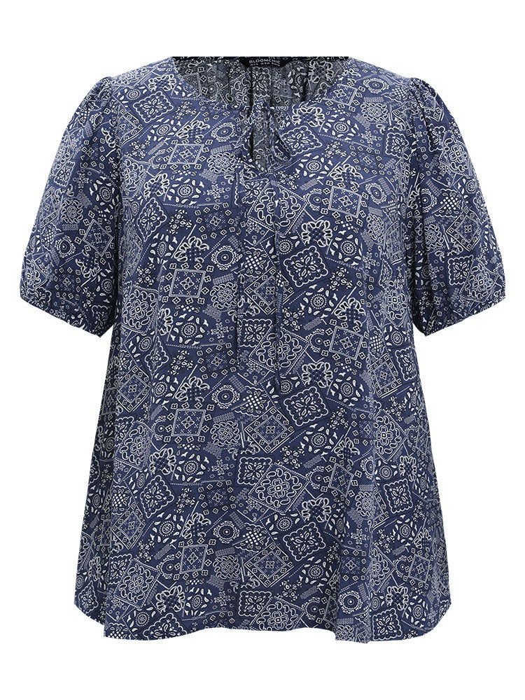 Moroccan Print Keyhole Tie Neck Blouse - Image 13
