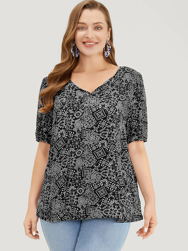 Moroccan Print Keyhole Tie Neck Blouse - Image 2