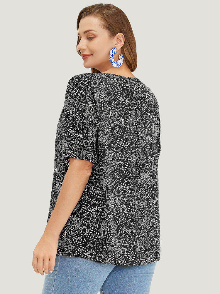 Moroccan Print Keyhole Tie Neck Blouse - Image 4