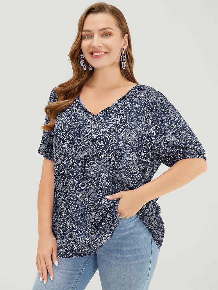 Moroccan Print Keyhole Tie Neck Blouse - Image 5