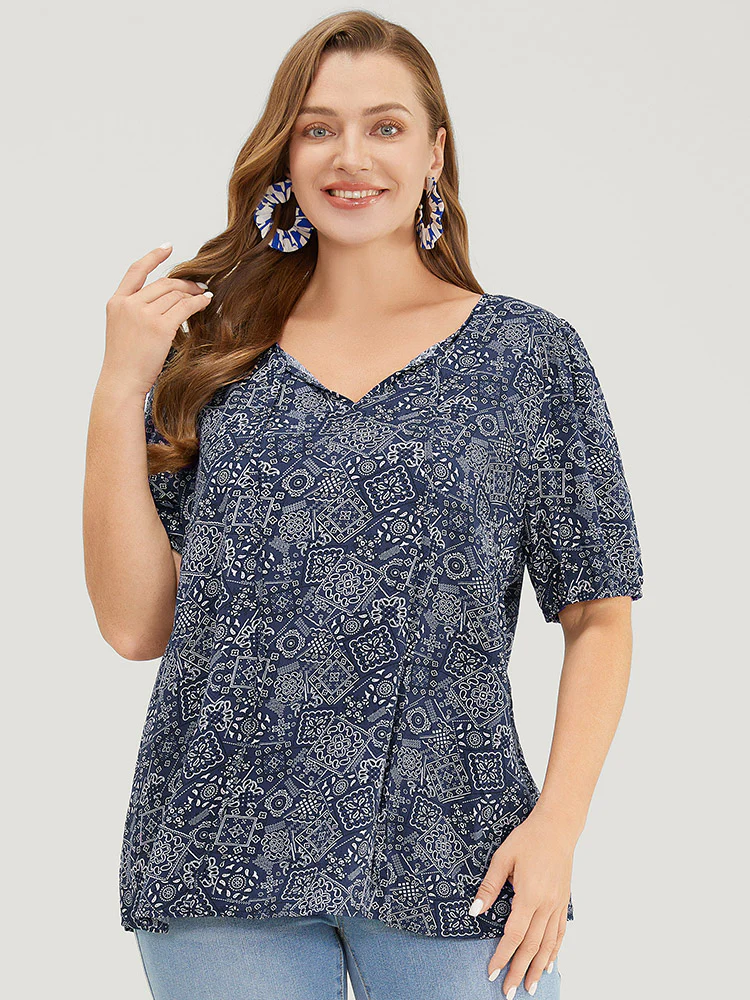 Moroccan Print Keyhole Tie Neck Blouse - Image 6