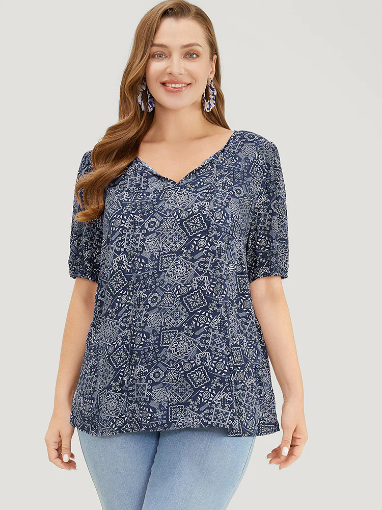 Moroccan Print Keyhole Tie Neck Blouse - Image 9
