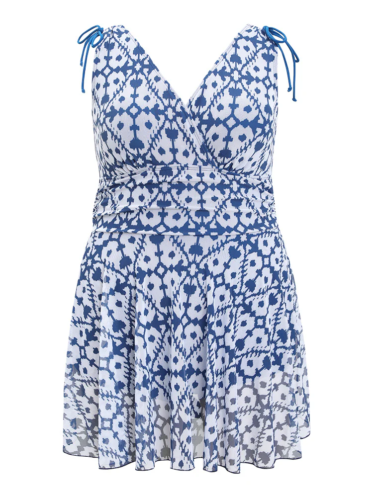 Moroccan Print Knot Detail Ruffle Hem Wrap Swim Dress - Image 10