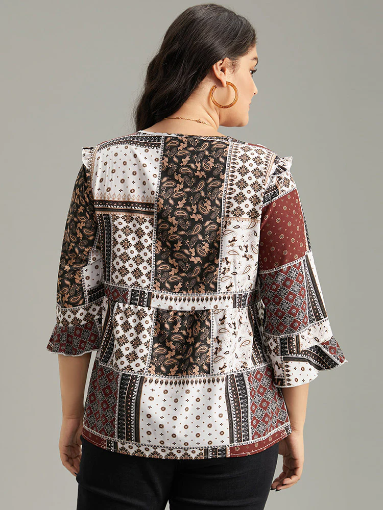 Moroccan Print Lace Panel Ruffles Frill Trim Blouse - Image 2