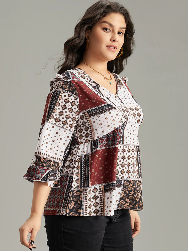 Moroccan Print Lace Panel Ruffles Frill Trim Blouse - Image 3
