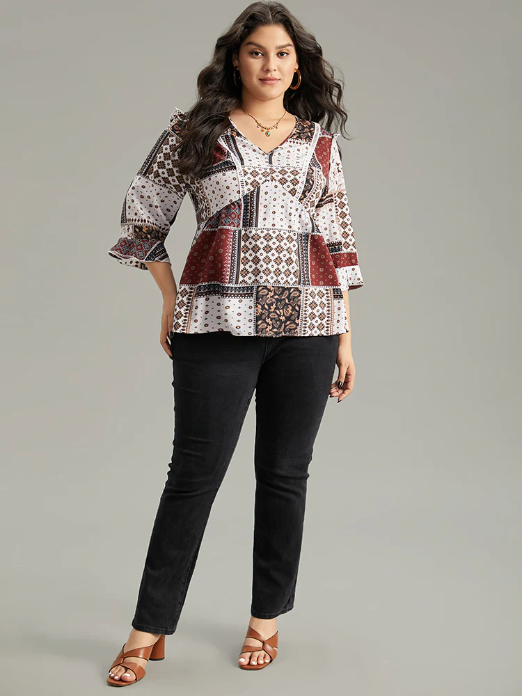 Moroccan Print Lace Panel Ruffles Frill Trim Blouse - Image 4