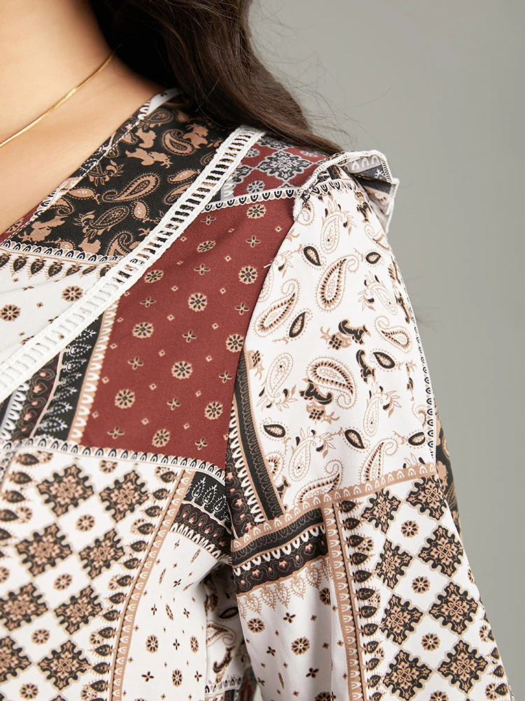 Moroccan Print Lace Panel Ruffles Frill Trim Blouse - Image 6