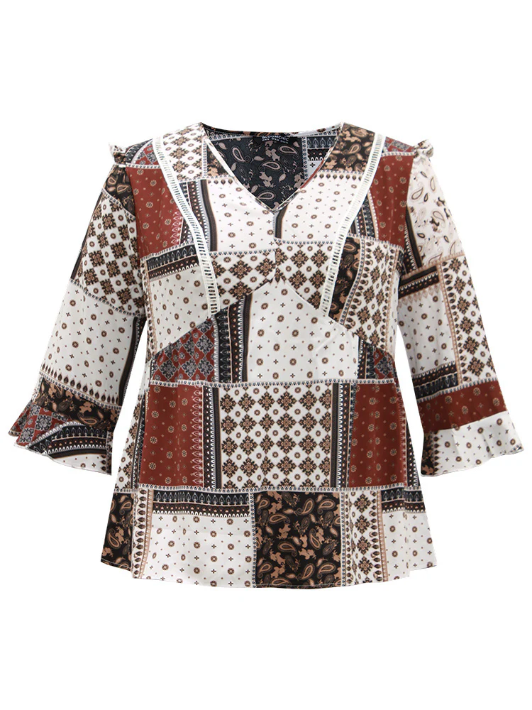 Moroccan Print Lace Panel Ruffles Frill Trim Blouse - Image 7