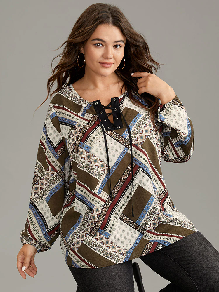 Moroccan Print Lace Up Lantern Sleeve Blouse - Image 2