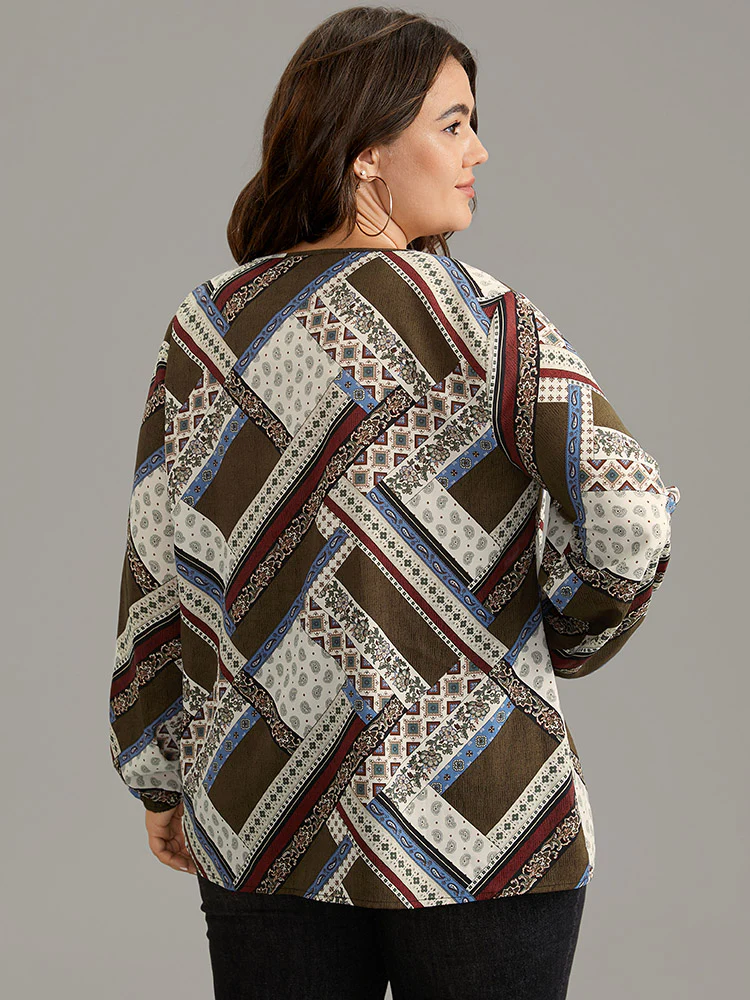 Moroccan Print Lace Up Lantern Sleeve Blouse - Image 3