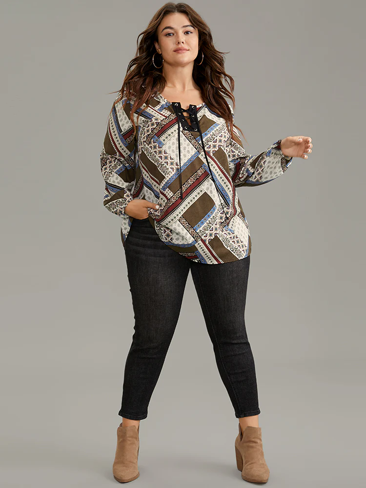 Moroccan Print Lace Up Lantern Sleeve Blouse - Image 4