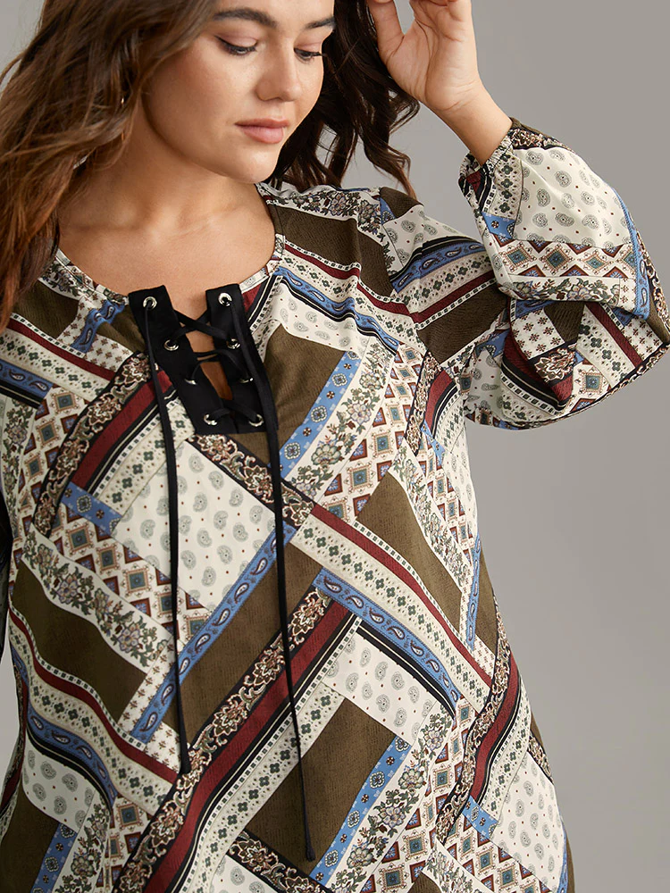 Moroccan Print Lace Up Lantern Sleeve Blouse - Image 5