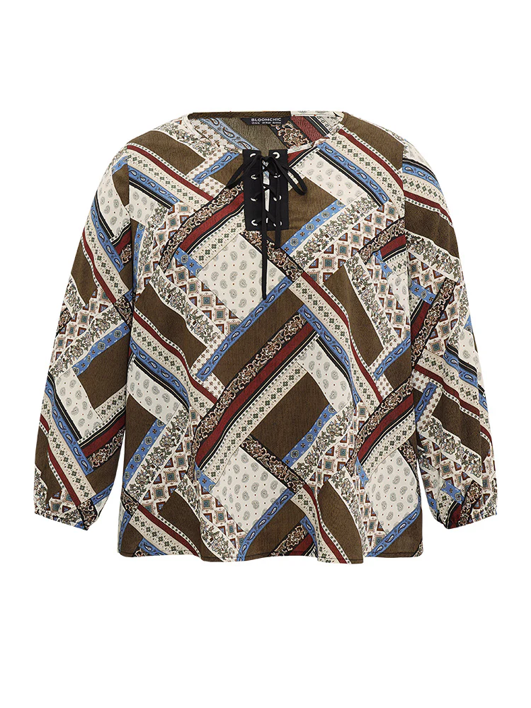 Moroccan Print Lace Up Lantern Sleeve Blouse - Image 6