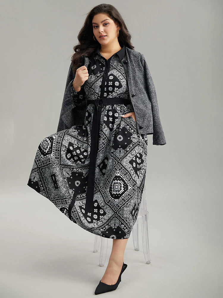 Moroccan Print Shirt Collar Belted Button Through Dress - Image 2
