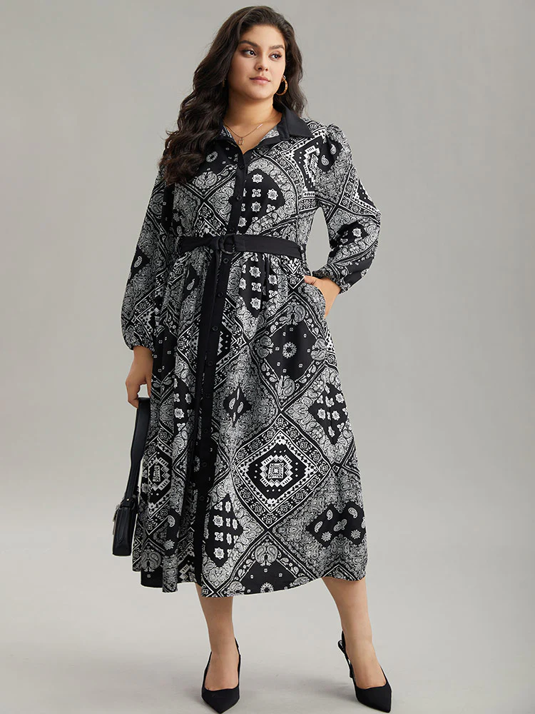 Moroccan Print Shirt Collar Belted Button Through Dress - Image 3
