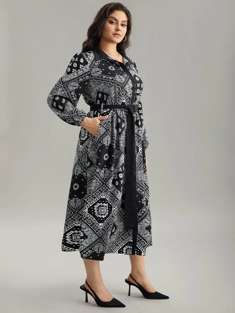 Moroccan Print Shirt Collar Belted Button Through Dress - Image 4