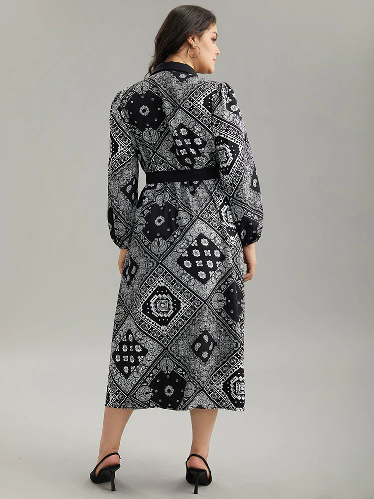 Moroccan Print Shirt Collar Belted Button Through Dress - Image 5