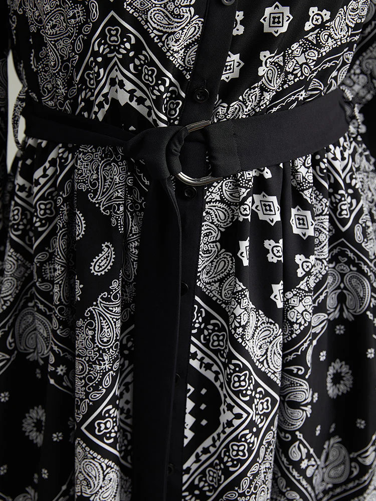Moroccan Print Shirt Collar Belted Button Through Dress - Image 8