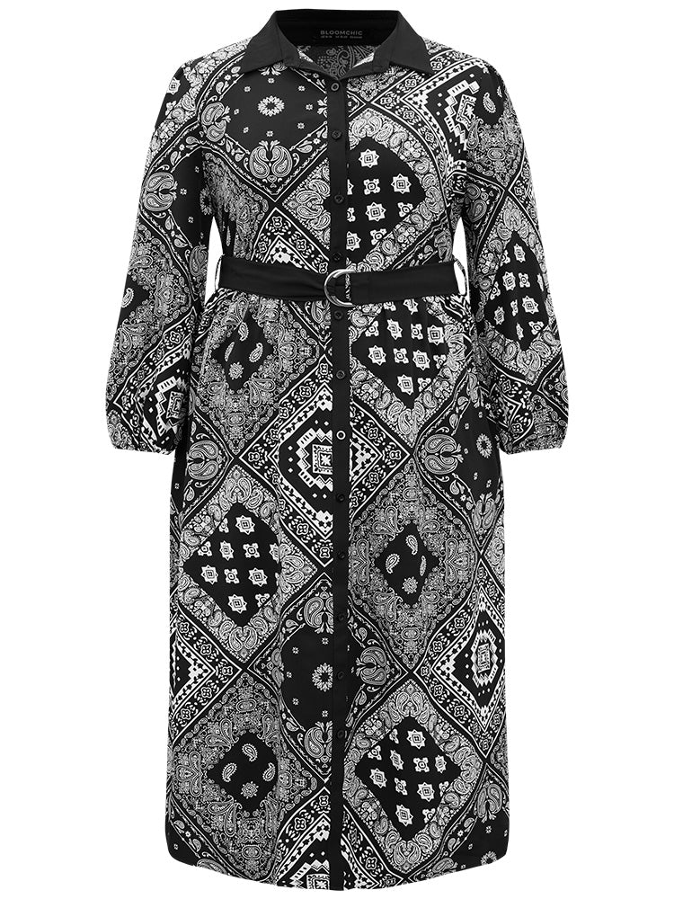 Moroccan Print Shirt Collar Belted Button Through Dress - Image 9