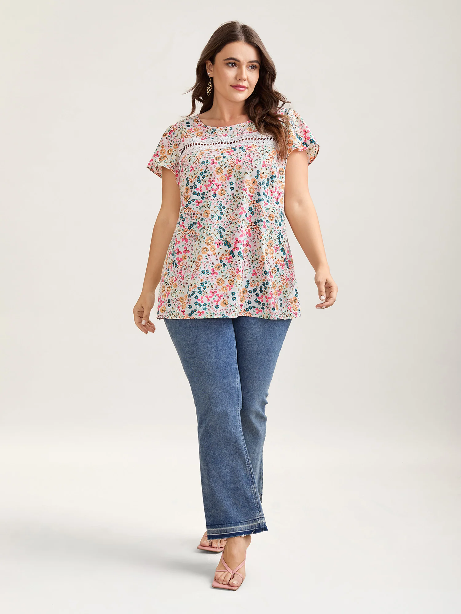 Multi-Color Floral Print Lace Spliced Blouse - Image 2