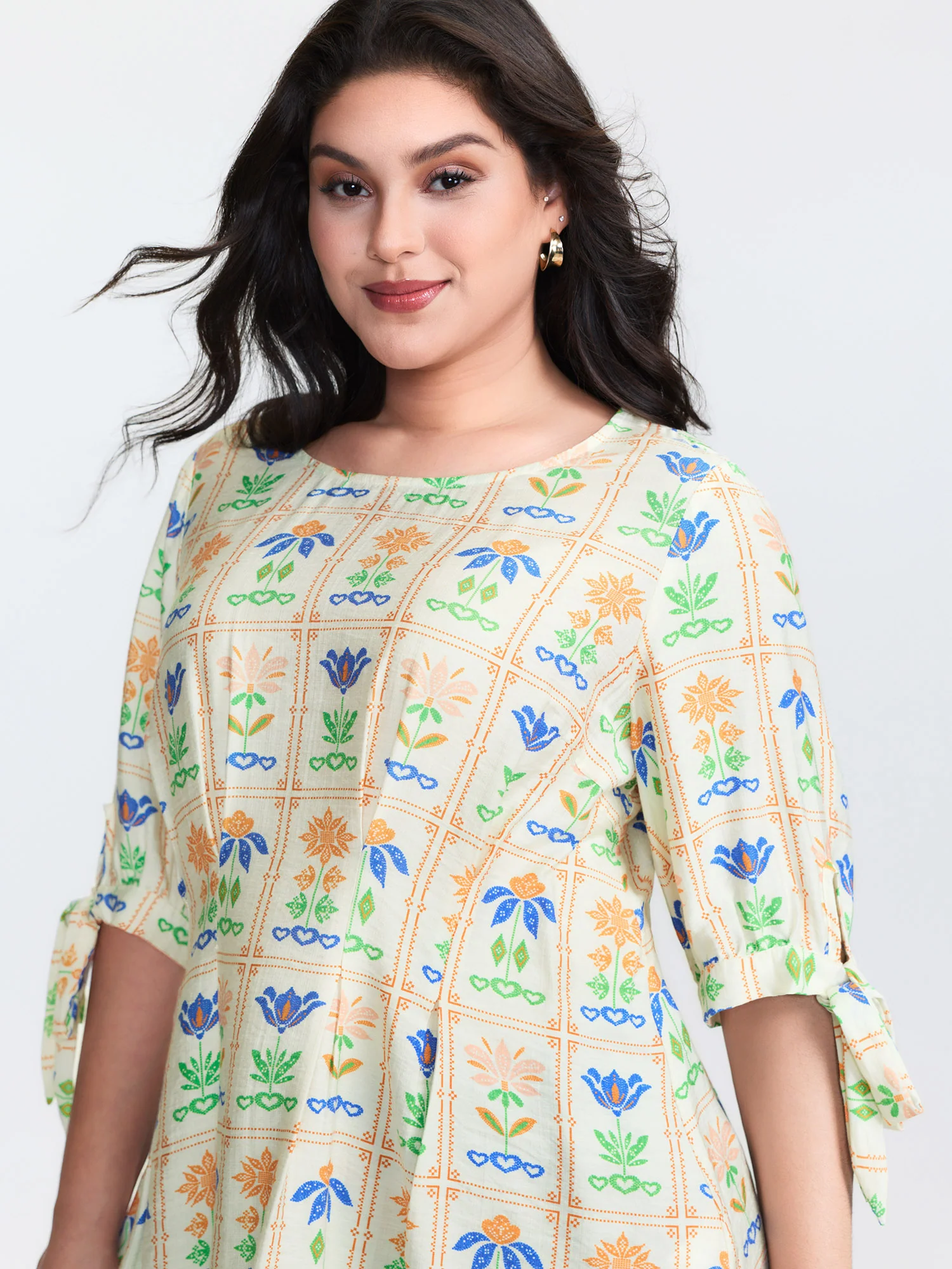 Multi-Color Floral Print Sleeve-Tie Knit Top - Image 2