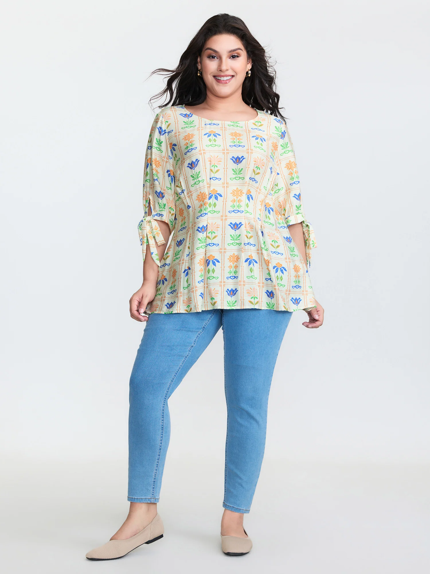 Multi-Color Floral Print Sleeve-Tie Knit Top - Image 3