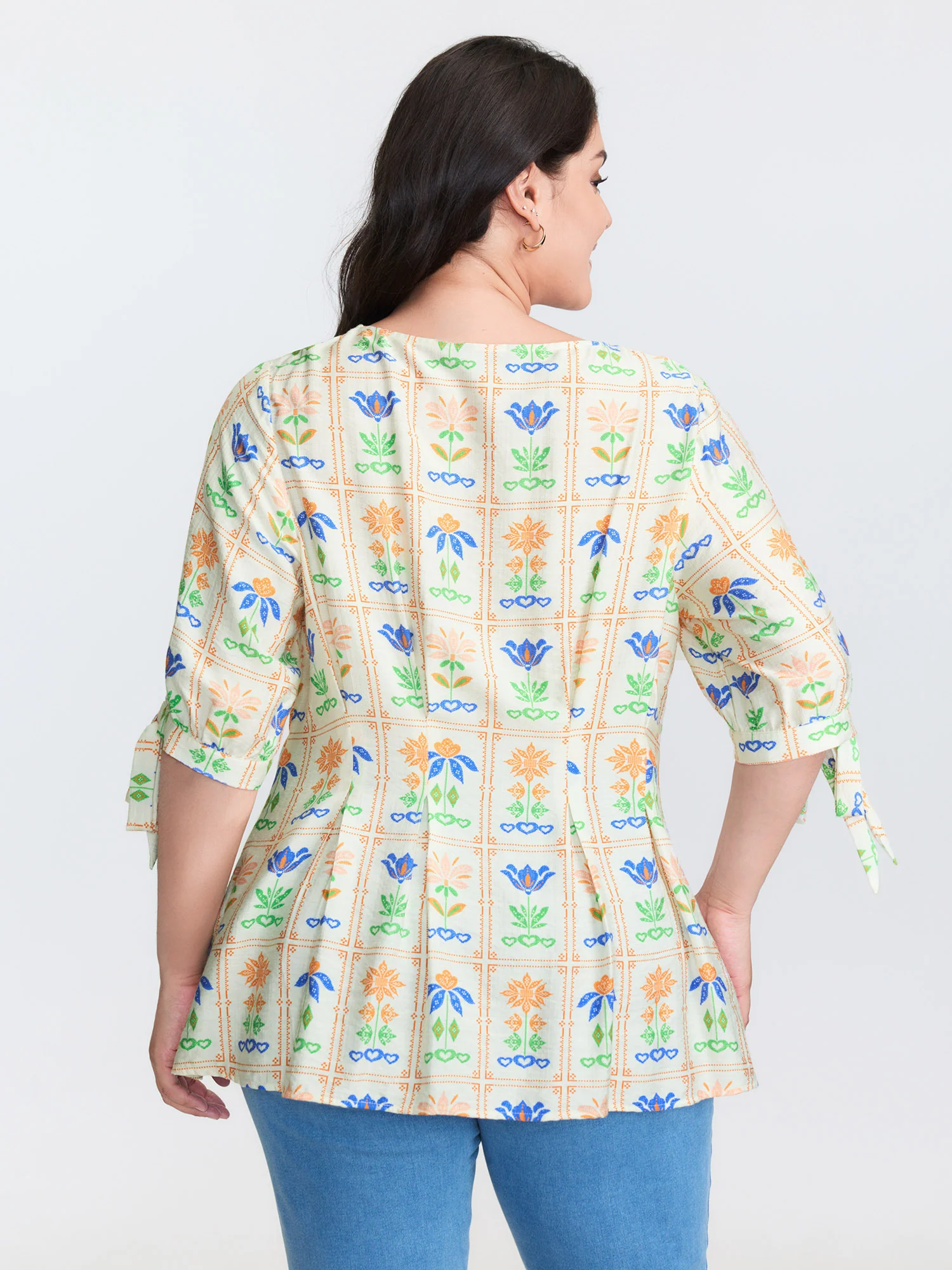 Multi-Color Floral Print Sleeve-Tie Knit Top - Image 4