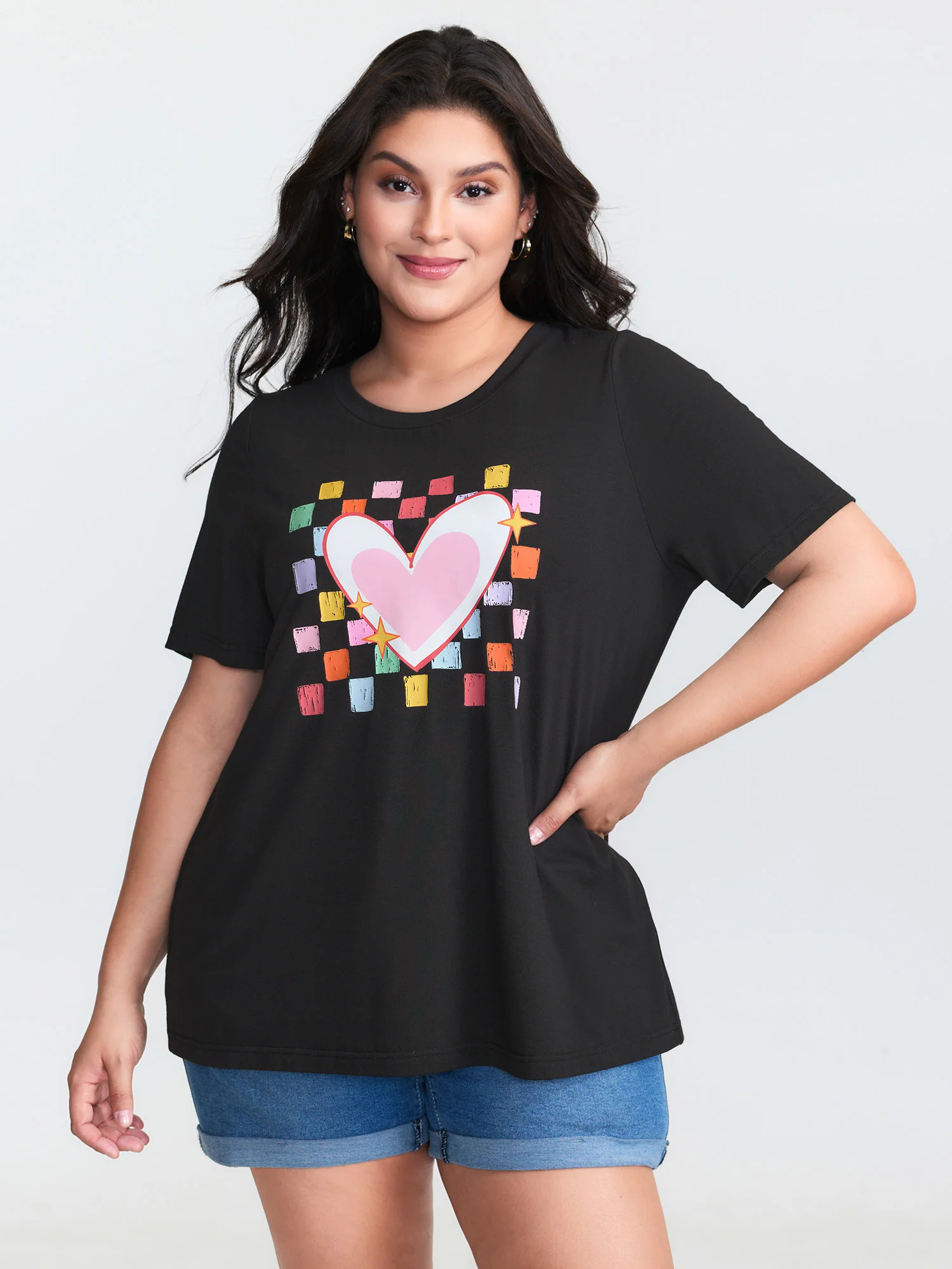Multi-Color Heart Stretchy Round Neck T-Shirt - Image 2