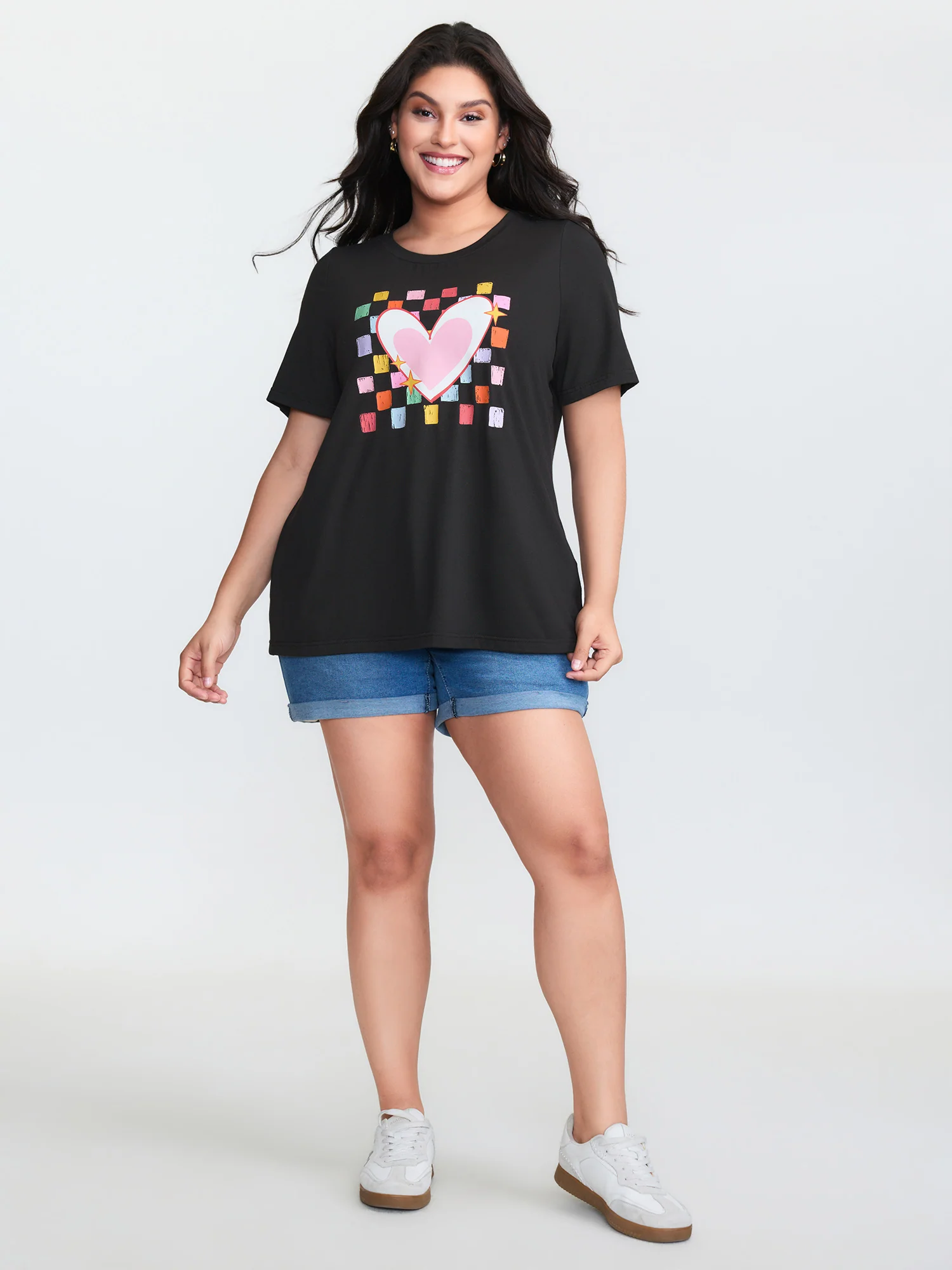 Multi-Color Heart Stretchy Round Neck T-Shirt - Image 3