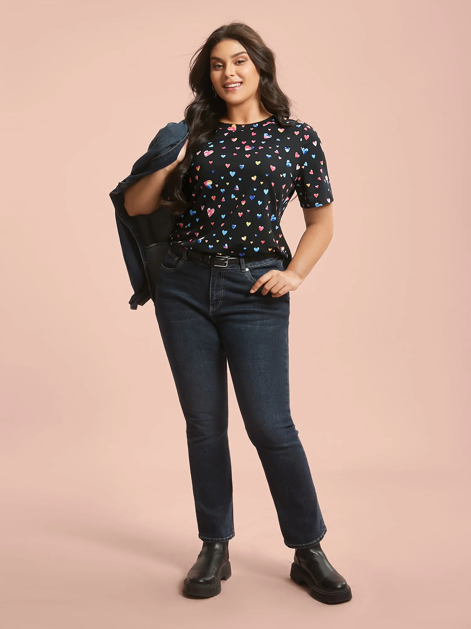 Multi-Color Hearts Printed Stretchy T-Shirt - Image 2