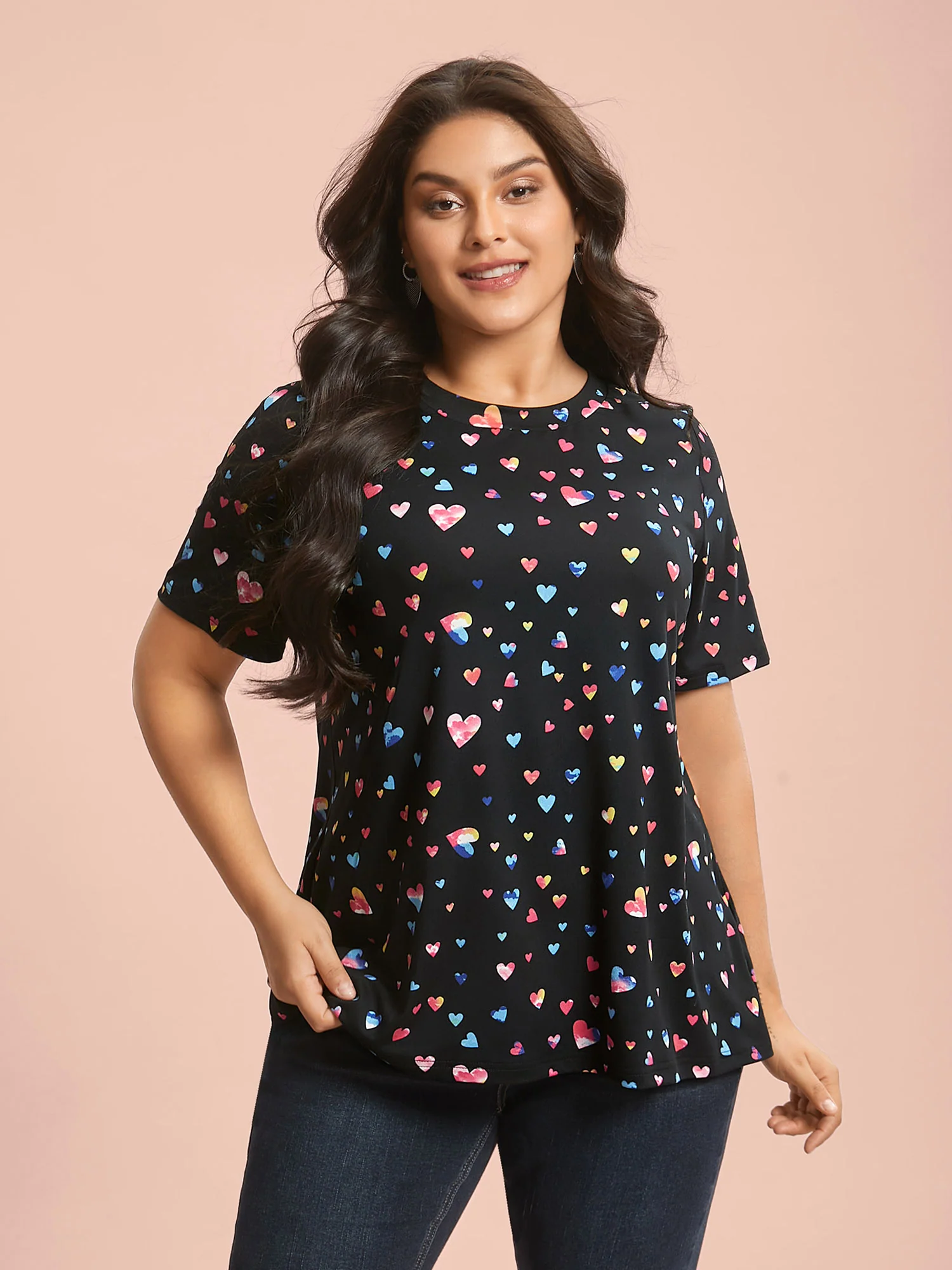 Multi-Color Hearts Printed Stretchy T-Shirt - Image 4