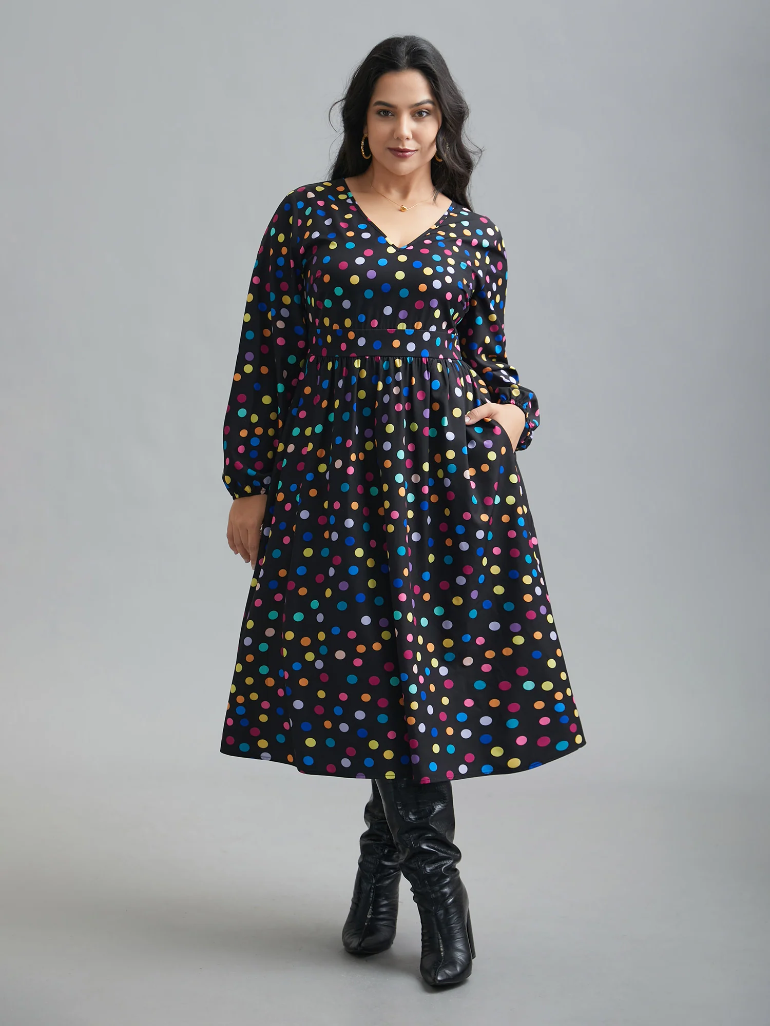 Multi-Color Polka Dot Stretchy-Waist Dress - Image 2