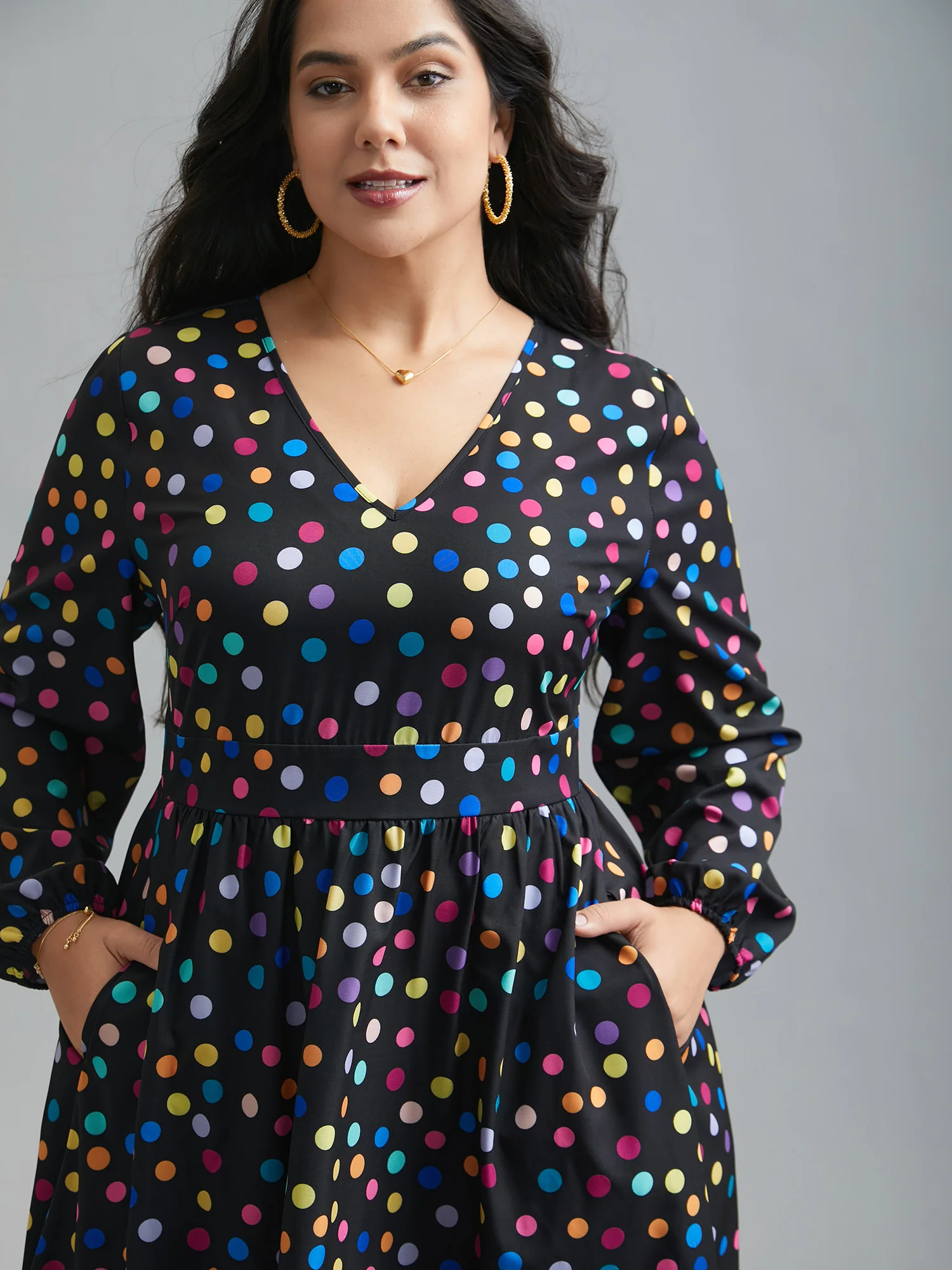 Multi-Color Polka Dot Stretchy-Waist Dress - Image 3