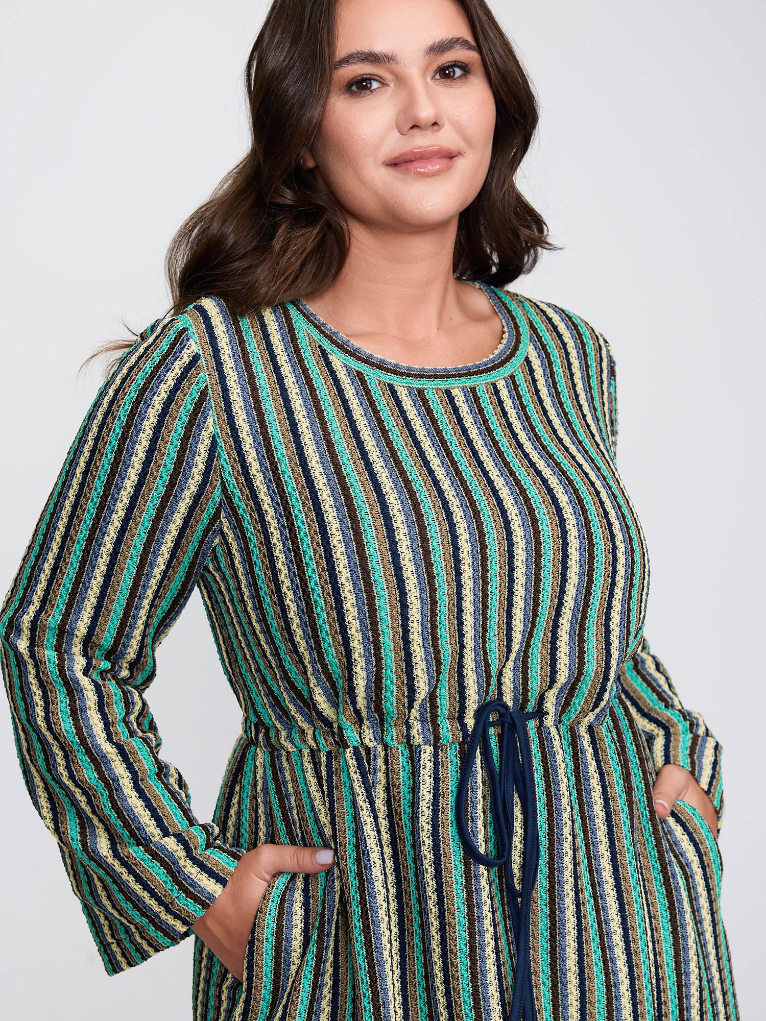 Multi-Color Stripe Drawstring Waist Midi Dress - Image 2