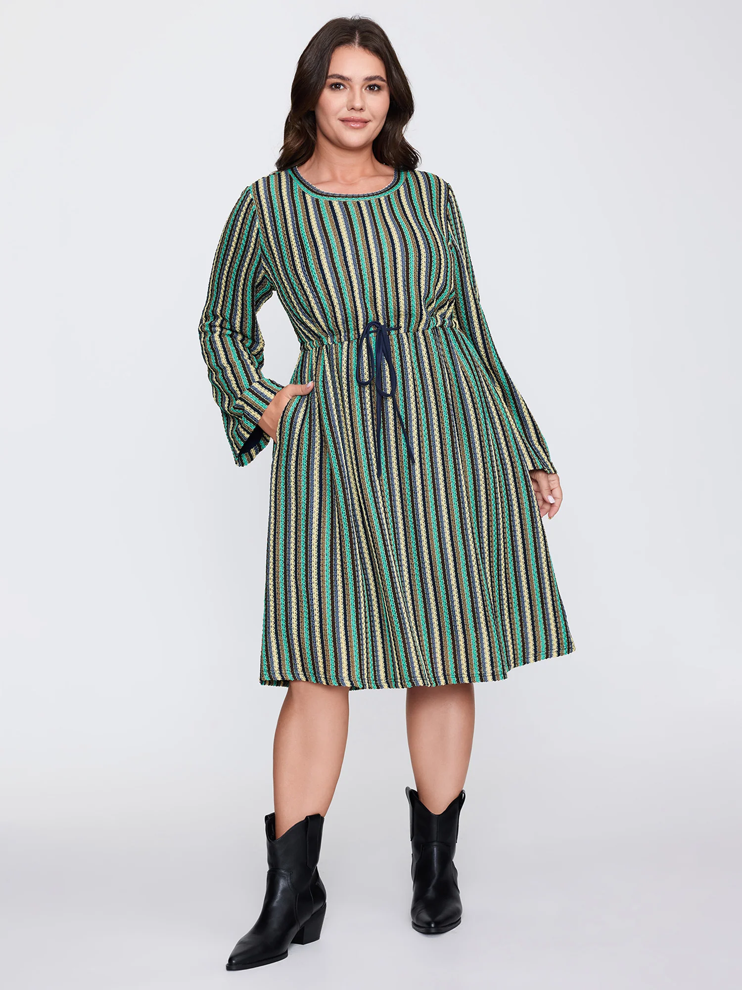 Multi-Color Stripe Drawstring Waist Midi Dress - Image 3