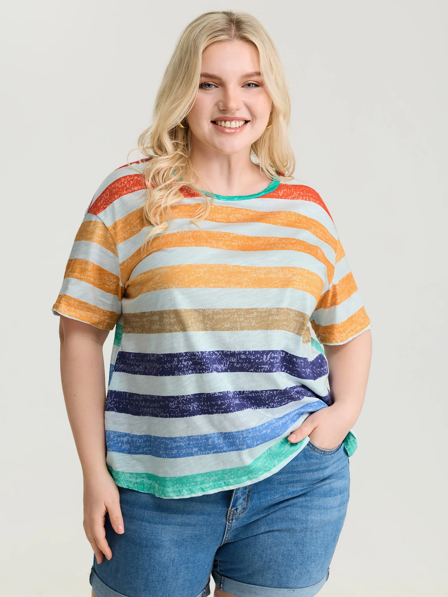 Multi-Color Stripe Print Round Neck T-Shirt