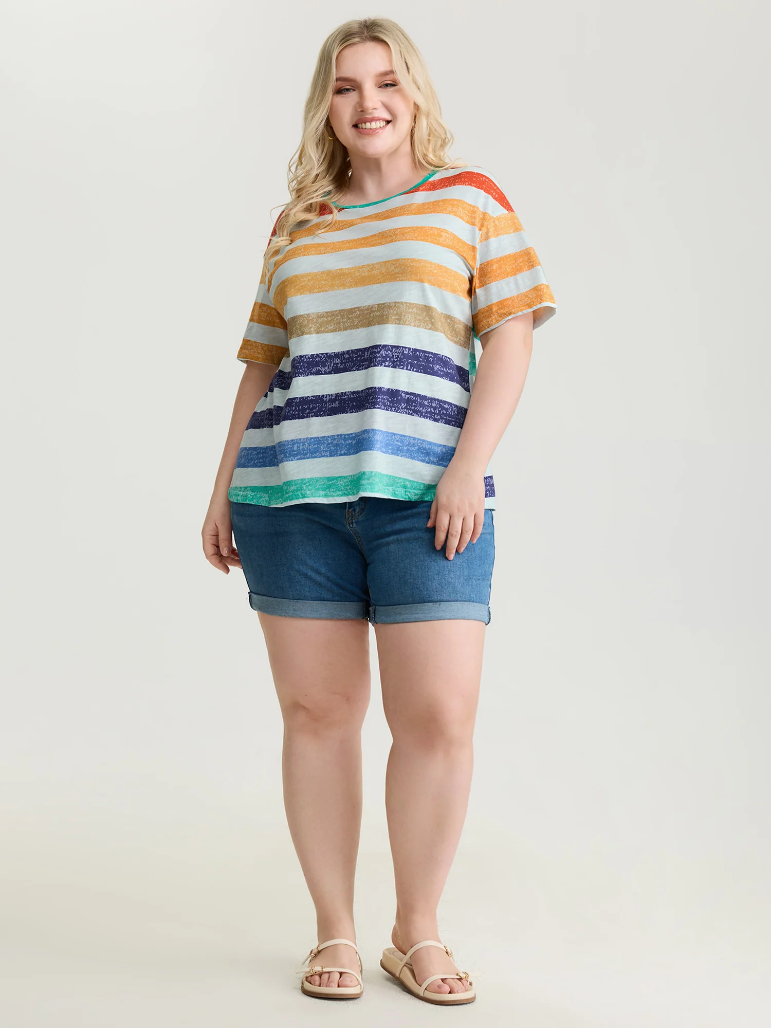 Multi-Color Stripe Print Round Neck T-Shirt - Image 3