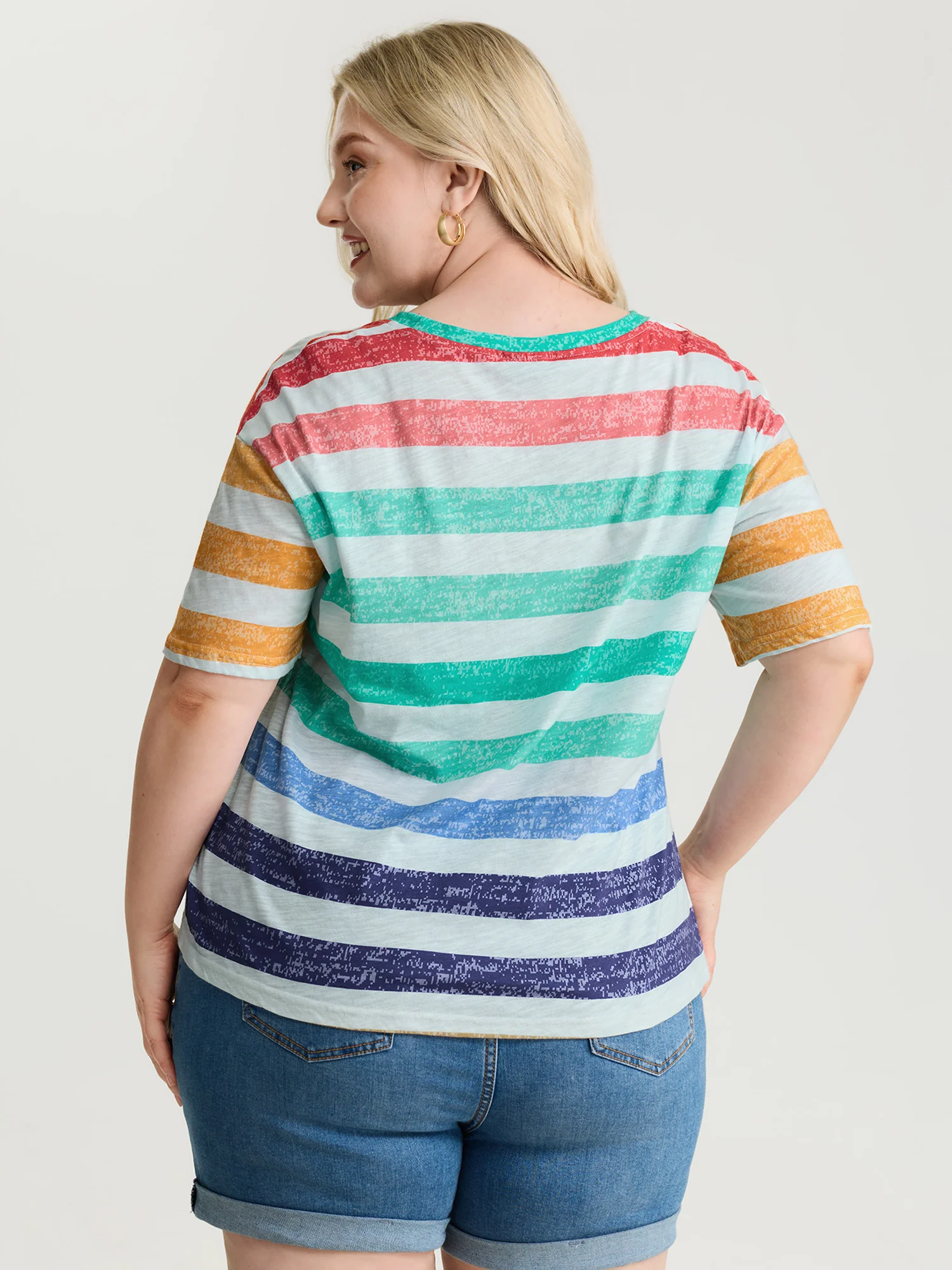 Multi-Color Stripe Print Round Neck T-Shirt - Image 4