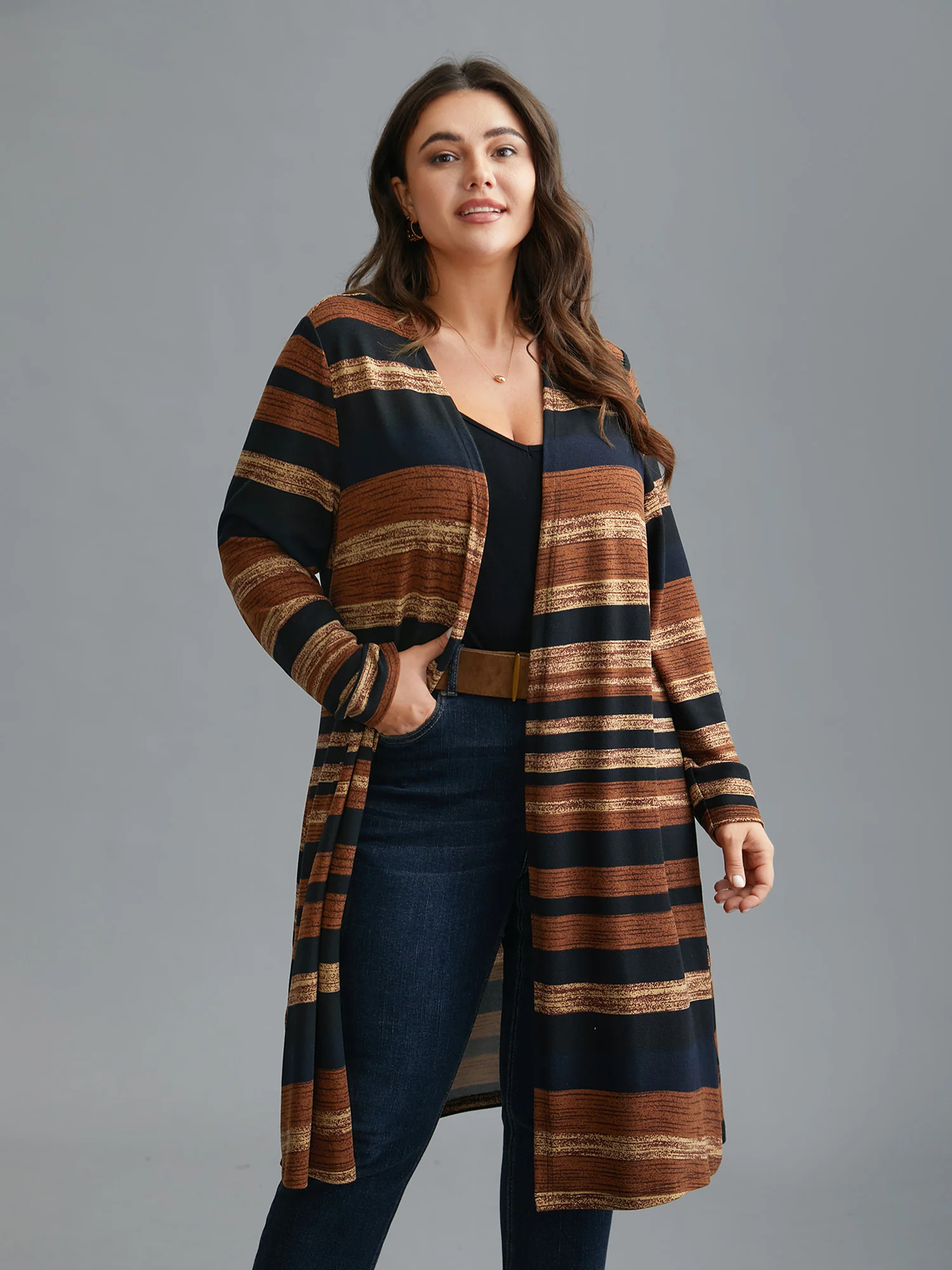 Multi-Color Striped Open-Front Long Jacket - Image 2