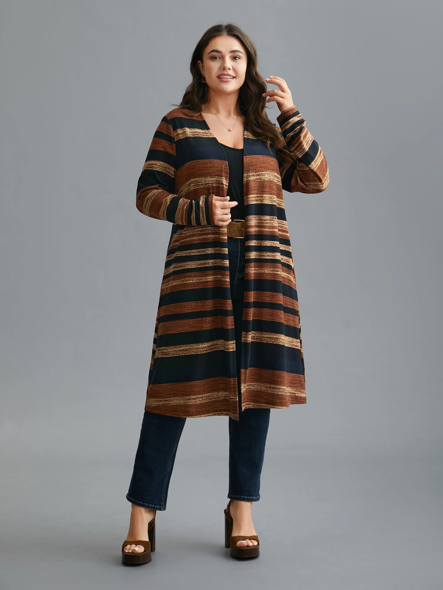 Multi-Color Striped Open-Front Long Jacket - Image 3