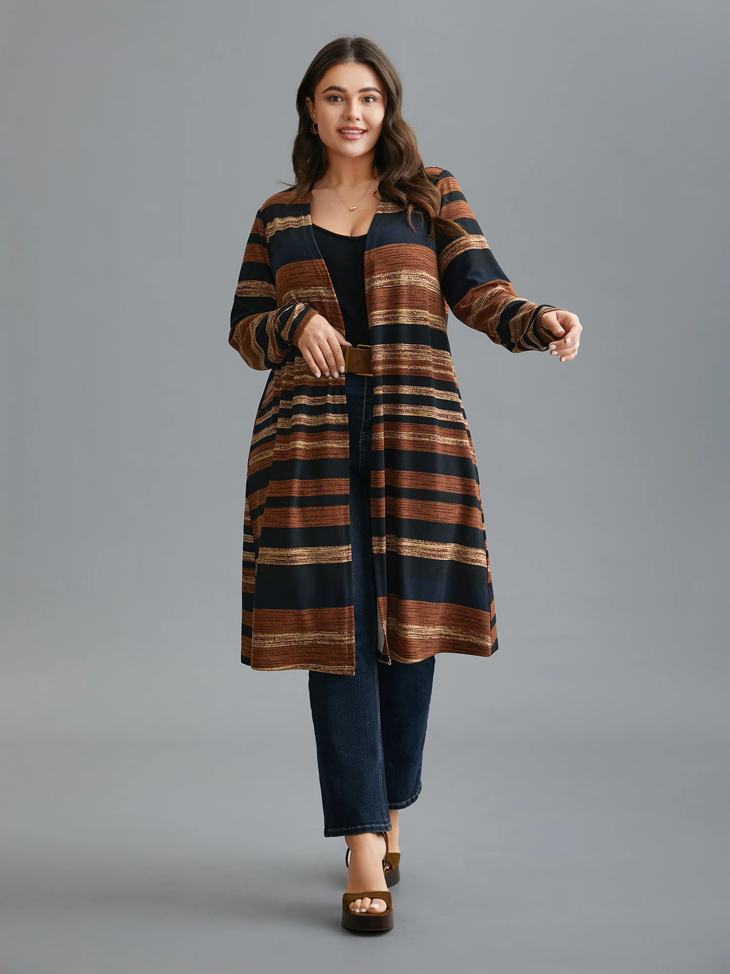 Multi-Color Striped Open-Front Long Jacket - Image 4