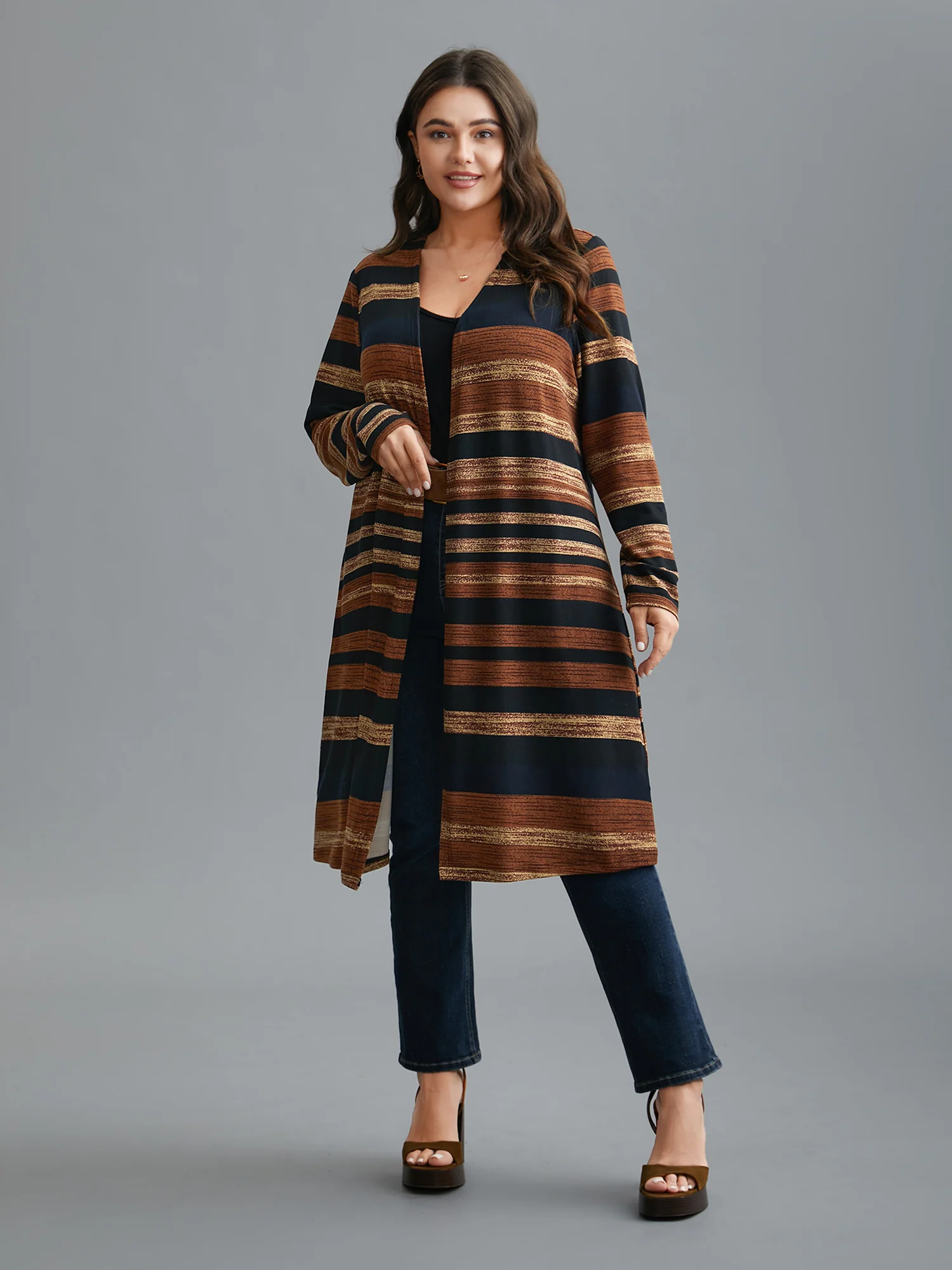 Multi-Color Striped Open-Front Long Jacket - Image 5